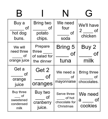 Package of food Bingo Card