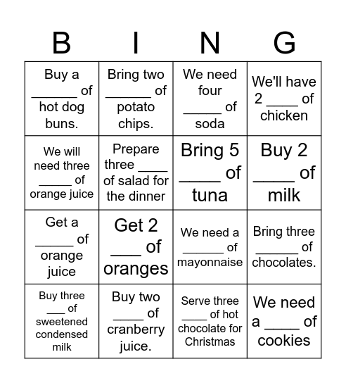 Package of food Bingo Card