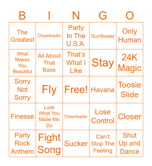 Not Kidz Bop Bingo Card