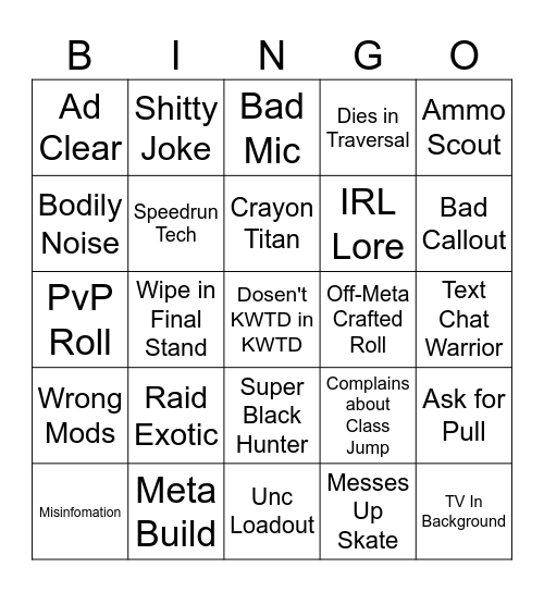 LFG Bingo Card Bingo Card