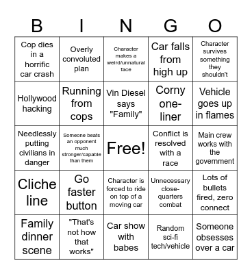 Fast N Furious Bingo Card