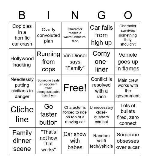 Fast N Furious Bingo Card