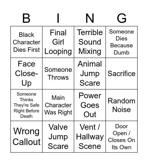 Horror Movie Bingo Card