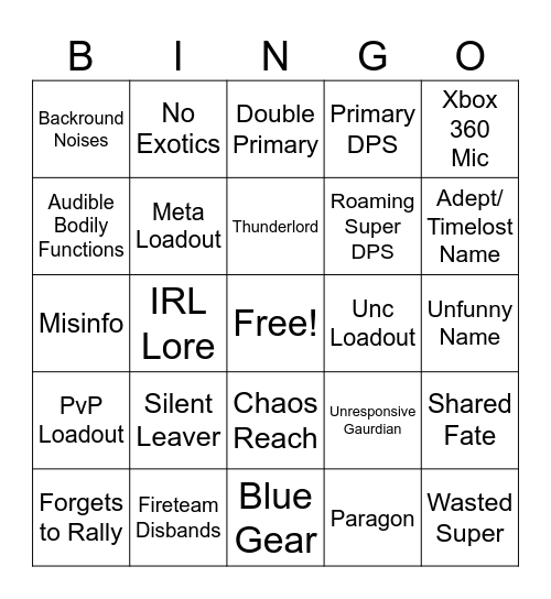 D2 LFG Bingo Card