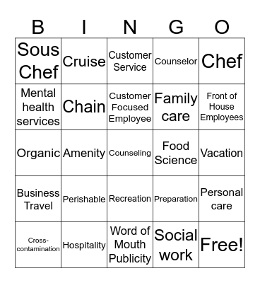 Hospitality and Tourism and Human Services Vocabulary Bingo Card