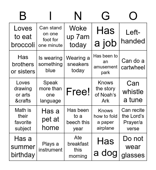 Get to know you Bingo Card