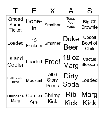 Roadhouse Bingo Card