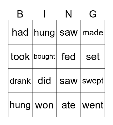 Verbs Bingo Card