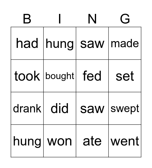 Verbs Bingo Card