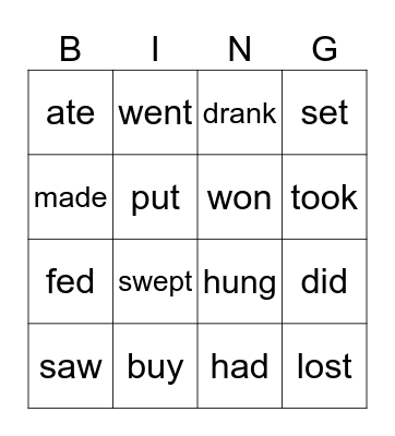 Verbs Bingo Card