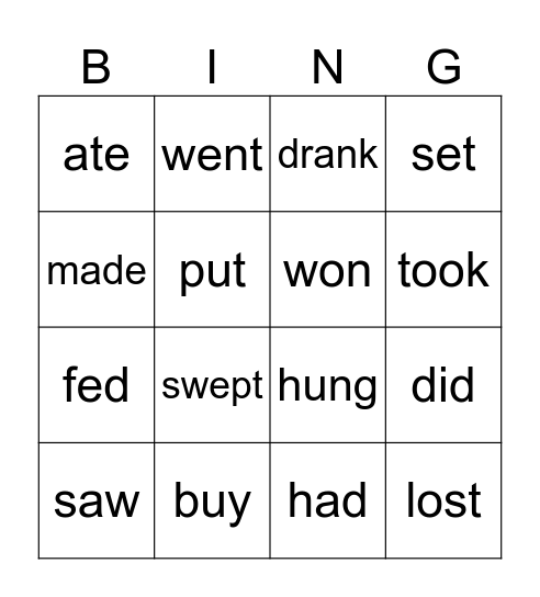 Verbs Bingo Card