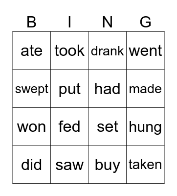 Verbs Bingo Card