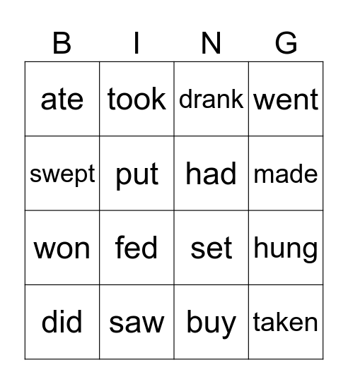 Verbs Bingo Card