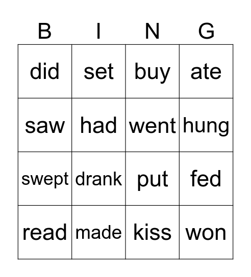 Verbs Bingo Card