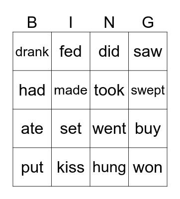Irregular Verbs Bingo Card