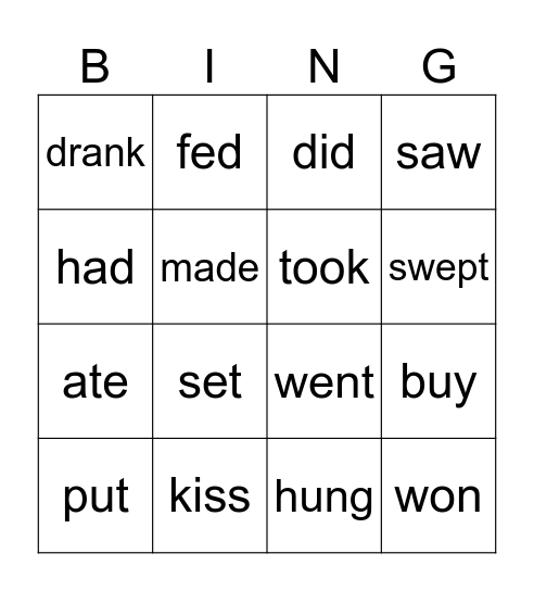 Irregular Verbs Bingo Card