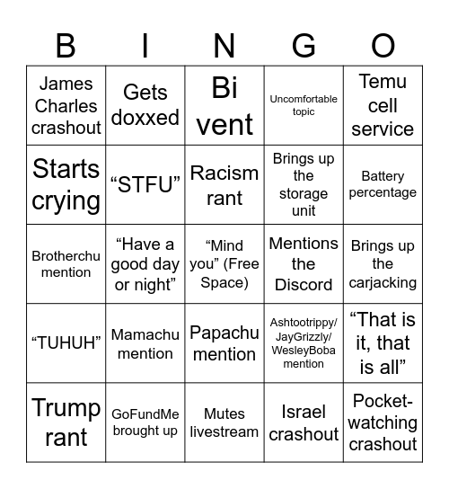 Tofupa Bingo Card