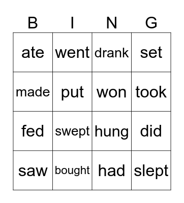 irregular verbs Bingo Card