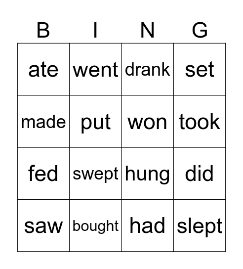 irregular verbs Bingo Card
