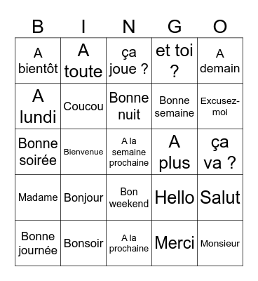 LES SALUTATIONS Bingo Card