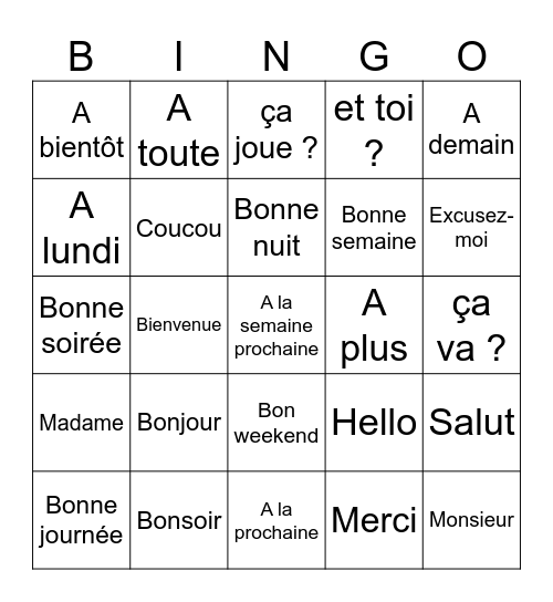 LES SALUTATIONS Bingo Card