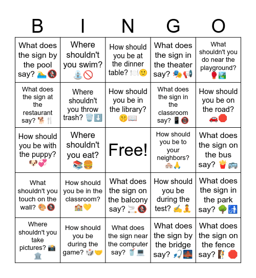 B17 L11 How should you be in the library? 🤫📖 Bingo Card