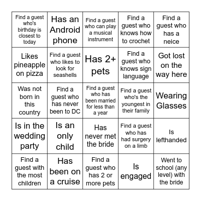 FIND THE GUEST BRIDAL BINGO Card