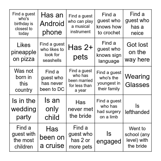 FIND THE GUEST BRIDAL BINGO Card