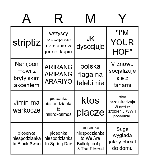 BTS KONCERT BINGO Card