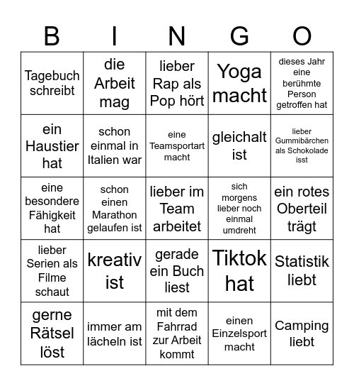 finde eine Person, die Bingo Card