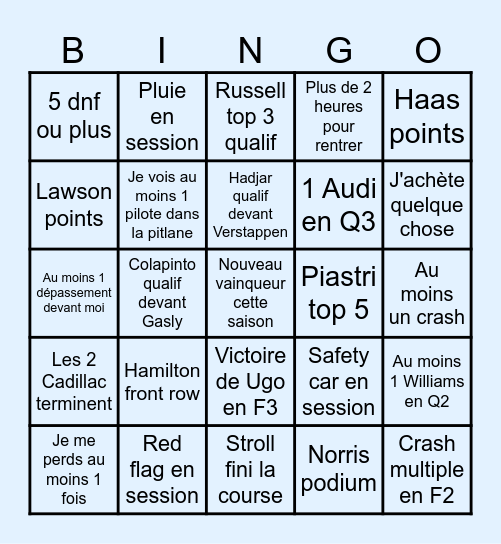 Spa Grand Prix 2026 Bingo Card