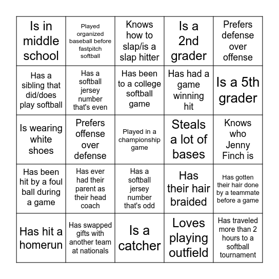 Softball - Find Someone Who Bingo Card