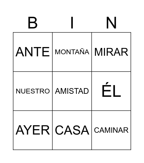 BINGO CLASES DE PALABRAS Bingo Card