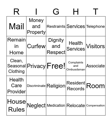 Resident Rights Bingo Card