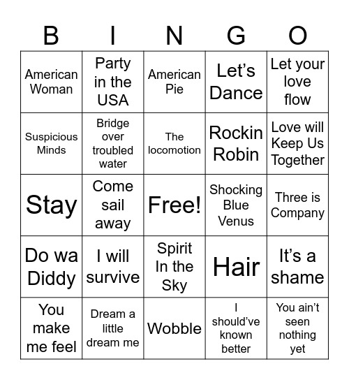 Music BINGO JB Bingo Card