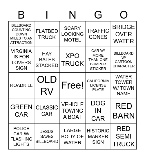 ROAD TRIP BINGO Card