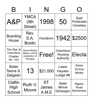 RVC History Bingo Card