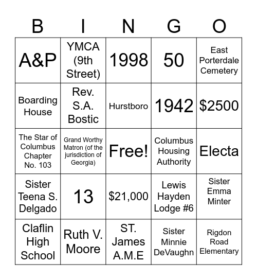 RVC History Bingo Card