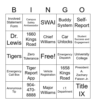 Department of Campus Safety and Security Bingo Card