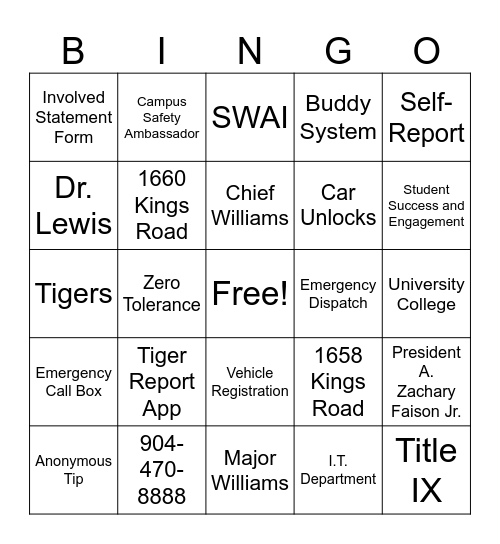 Department of Campus Safety and Security Bingo Card
