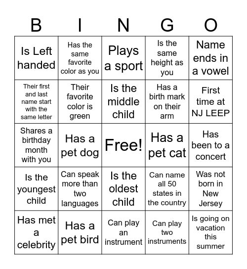 Human Bingo! Bingo Card