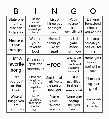 Mental Health Bingo Card