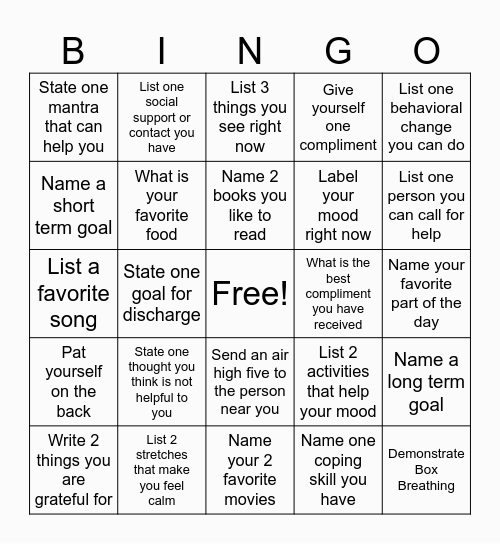 Mental Health Bingo Card