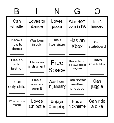 YOUTH HUMAN BINGO Card