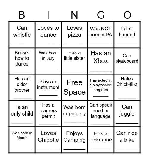 YOUTH HUMAN BINGO Card