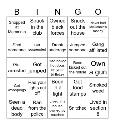 Hood Bingo Card