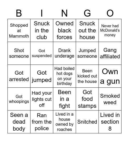 Hood Bingo Card