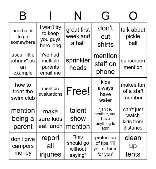 Staff Meeting Bingo Card