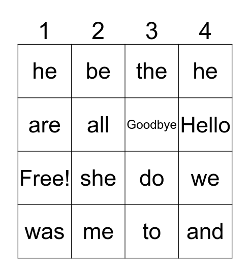 Tricky words 1-12 Bingo Card