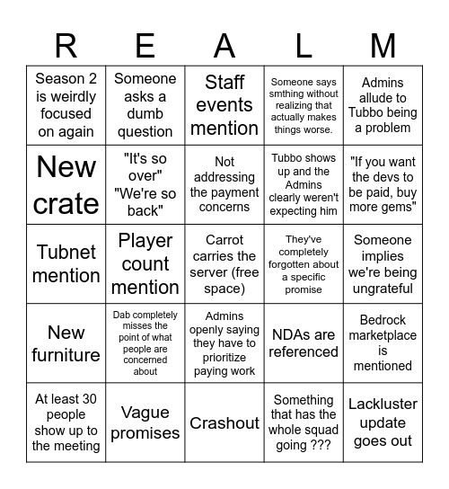 July Pseudo Community Meeting Bingo Card